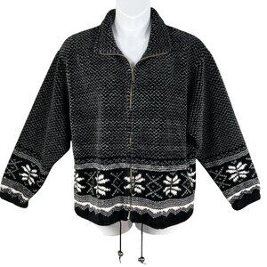 Cabelas Womens L Nordic Fair Isle Snowflake Zip-Up Fleece Black Sweater Jacket